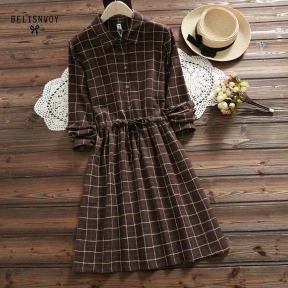 YESSTYLE Women's brown long-sleeved collared plaid cottagecore dress - Picture 1 of 4